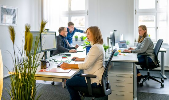 Mehrere Personen im Büro besprechen Software-Lizenzierungsfragen, um das optimale Lizenzmodell und eine transparente Angebotsstruktur zu wählen.