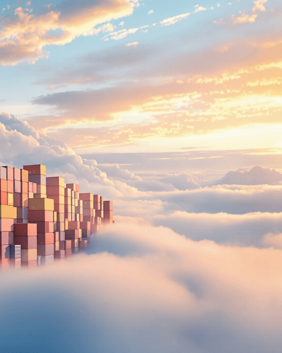Illustration mit schwebenden Überseecontainern in den Wolken – symbolisiert Virtualisierung und Containerisierung als flexible, skalierbare IT-Lösungen in der Cloud.
