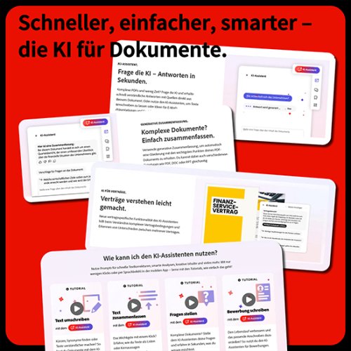 Grafik mit visualisierter Auflistung der Funktionen des Adobe Acrobat KI-Assistenten.