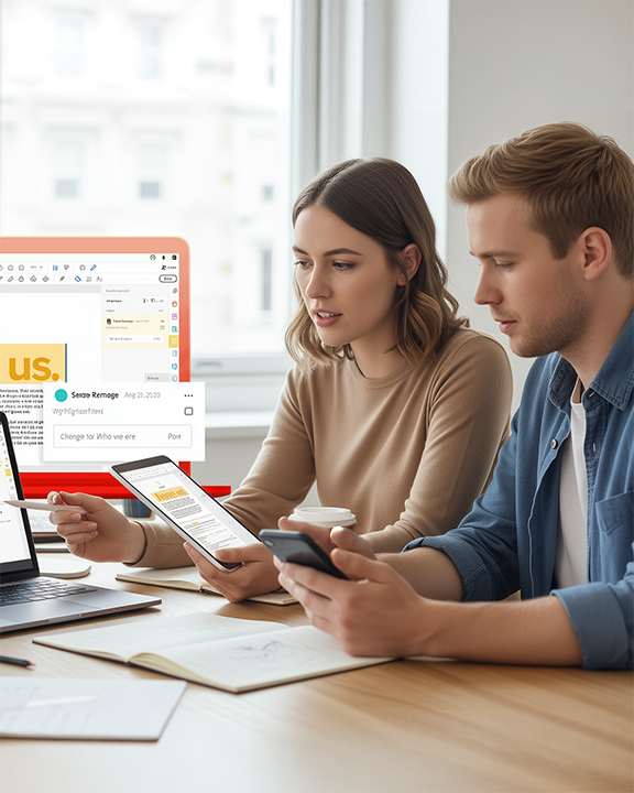 Kollegen arbeiten mit Adobe Acrobat Pro und optimieren dadurch die Prozesse im Unternehmen
