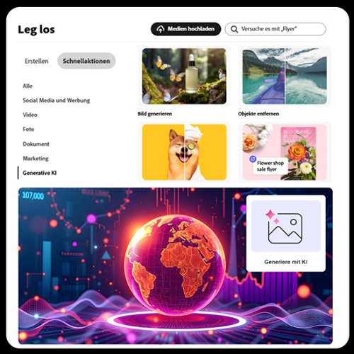 Adobe Express Dashboard bei der Gestaltung eines Posts im Corporate Design – mit sichtbaren Layout-Tools, Farboptionen und Echtzeit-Vorschau.