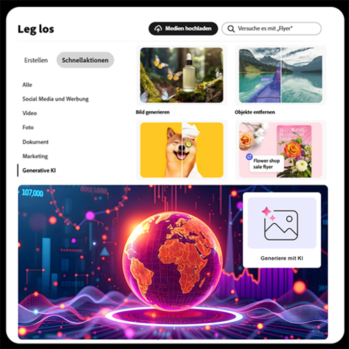 Adobe Express Dashboard bei der Gestaltung eines Posts im Corporate Design – mit sichtbaren Layout-Tools, Farboptionen und Echtzeit-Vorschau.