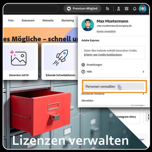 Screenshot des Adobe Express Dashboards zur Lizenzverwaltung – mit Überblick über Nutzer:innen, verfügbare Lizenzen und Administrationsfunktionen.