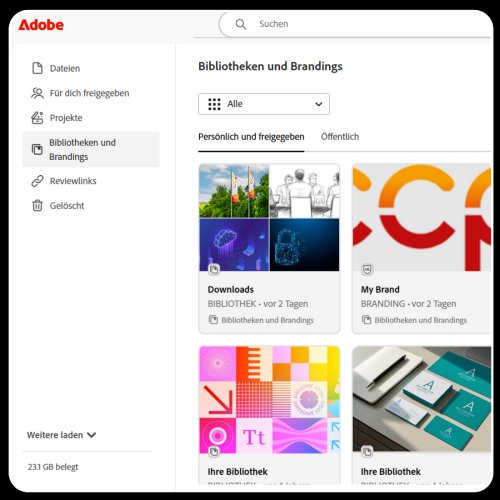 Screenshot des Adobe Express Dashboards mit geöffneter Markenbibliothek – zu sehen sind Logos, Farben und Vorlagen im Corporate Design.